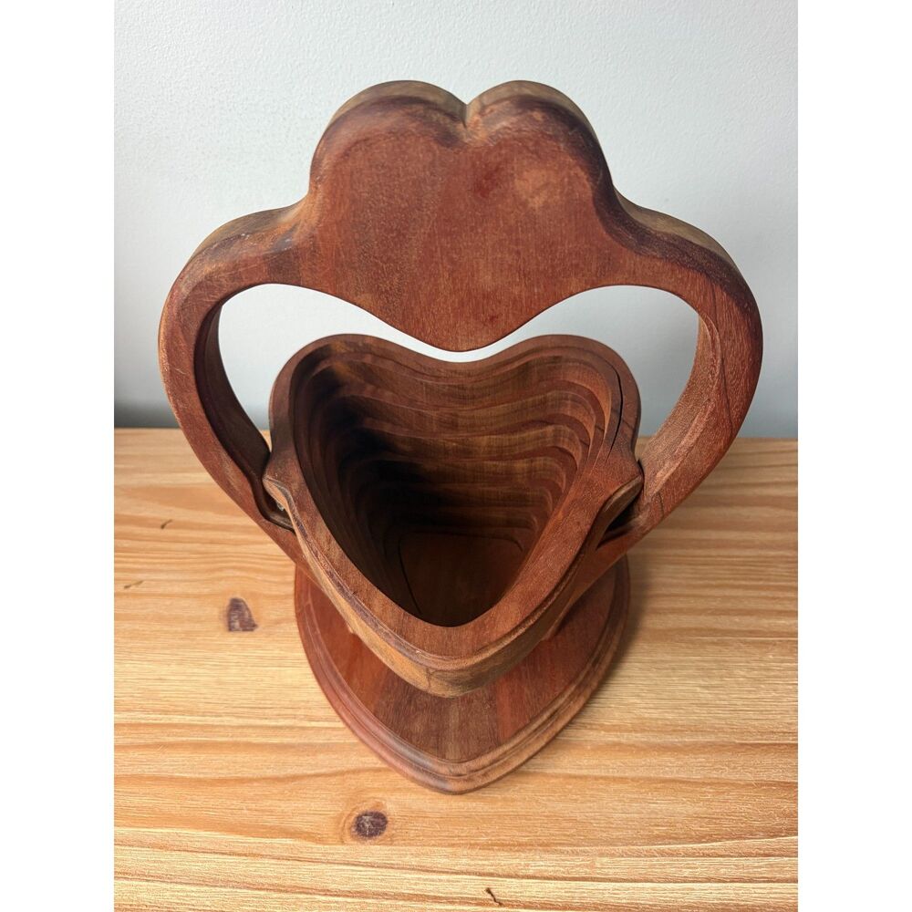 Vintage Artisan Carved Wood Folding Collapsible Heart Shaped Bowl Basket